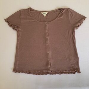 The Commons Baby Tee Shirt Women L Brown Ribbed Top Lettuce Trim Y2K Preppy